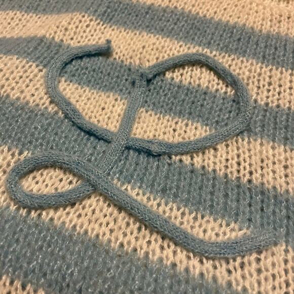 Vintage 1980s Blue & White Striped Handmade Knit Mockneck Sweater Oversized M/L - Picture 9 of 12